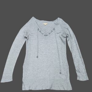 Gray Knit Sweater with Lace-Up Detail
